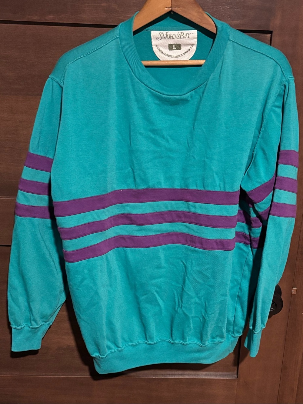St. John's Bay Teal Crewneck Sweater with Purple Stripes